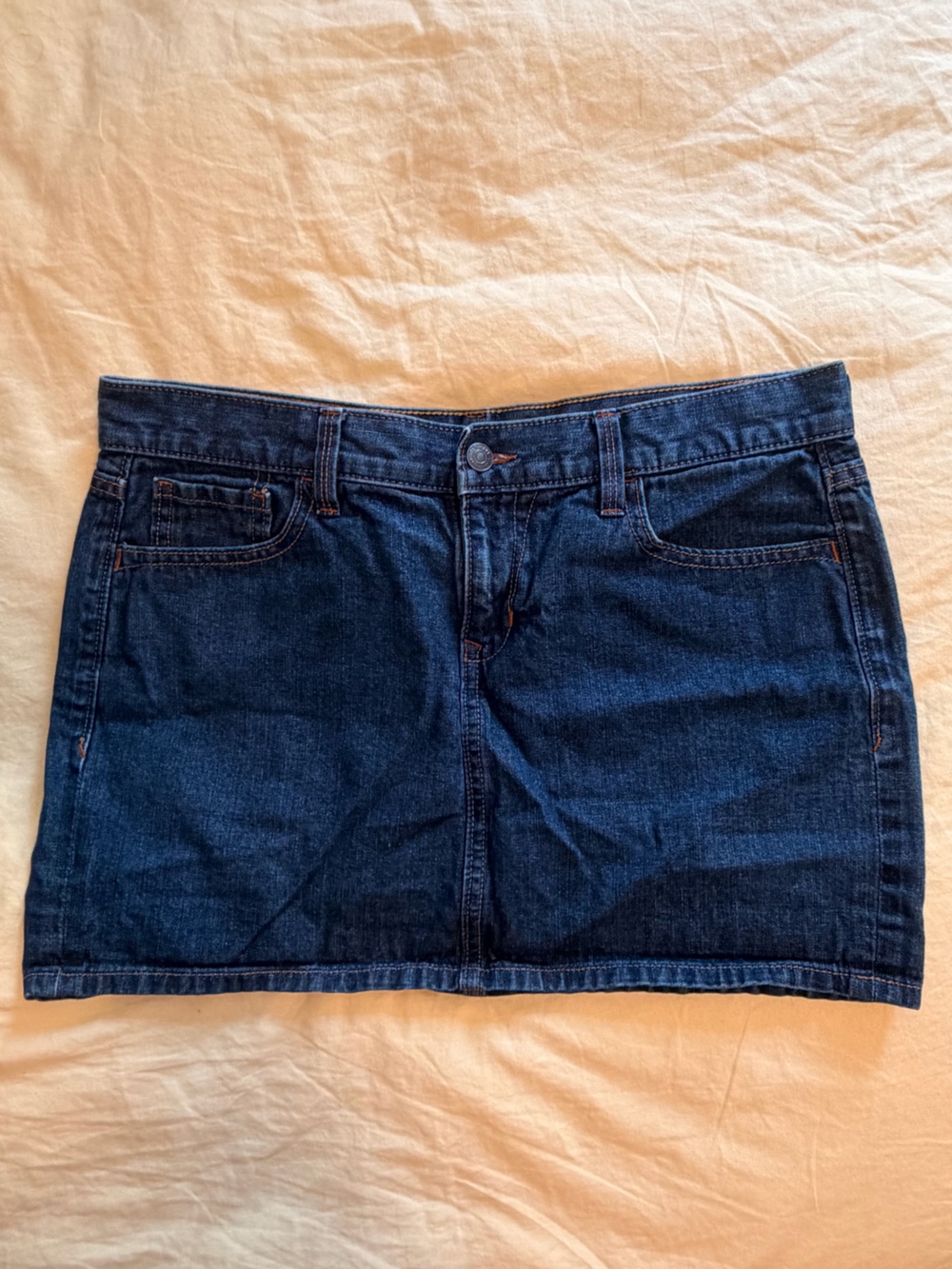 Low Rise Jean Mini Skirt, Dark Wash, Size 8